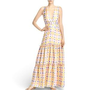 Paper London 100% Silk‎ Tiered Maxi Dress Size 8 Pastel Gingham Multicolor